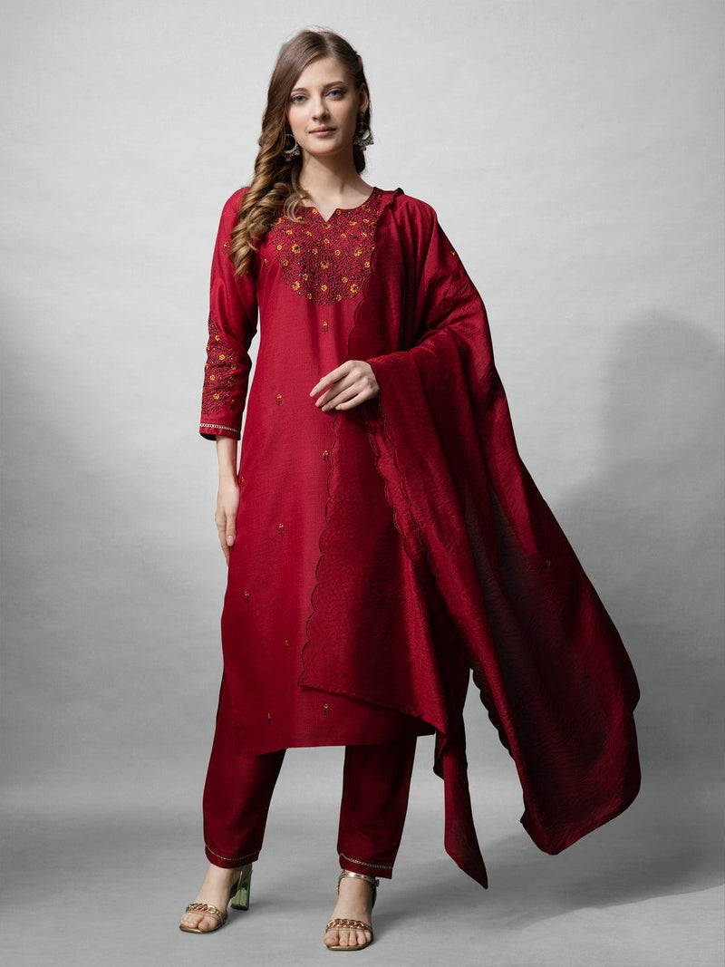 Maroon Cotton Blend Kurti Pant Dupatta Set with Embroidery | Elegant Ethnic Wear for Women ✨ - Bellastic