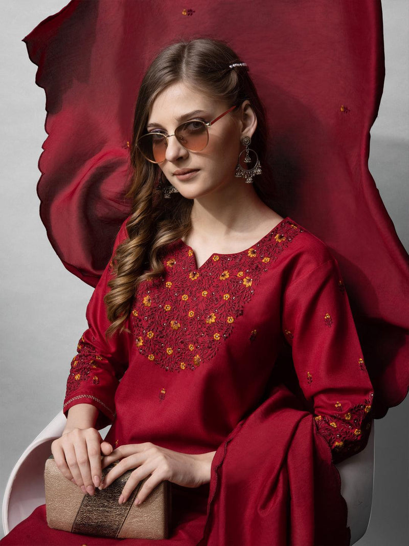 Maroon Cotton Blend Kurti Pant Dupatta Set with Embroidery | Elegant Ethnic Wear for Women ✨ - Bellastic