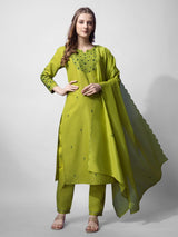 Parrot Green Cotton Kurti Pant Dupatta Set - Bellastic