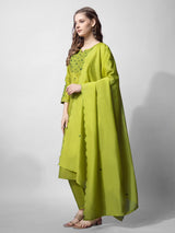 Parrot Green Cotton Kurti Pant Dupatta Set - Bellastic