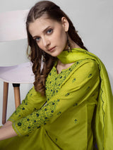 Parrot Green Cotton Kurti Pant Dupatta Set - Bellastic