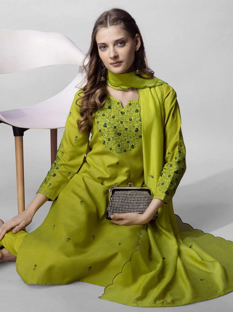 Parrot Green Cotton Kurti Pant Dupatta Set - Bellastic