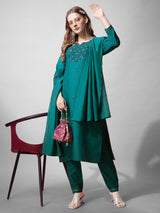 Fully Stitched Rama Cotton Kurti Pant Dupatta Set - Bellastic