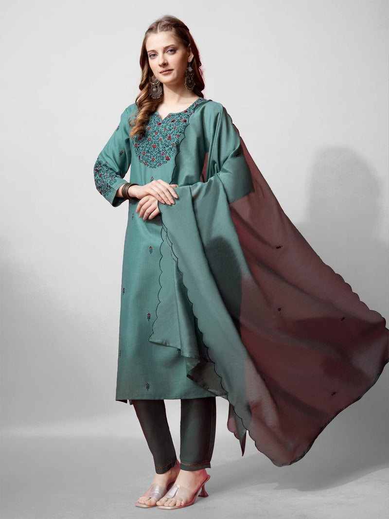 Fully Stitched Teal Cotton Kurti Pant Dupatta Set - Bellastic