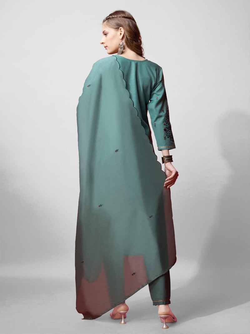 Fully Stitched Teal Cotton Kurti Pant Dupatta Set - Bellastic