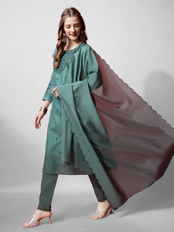 Fully Stitched Teal Cotton Kurti Pant Dupatta Set - Bellastic