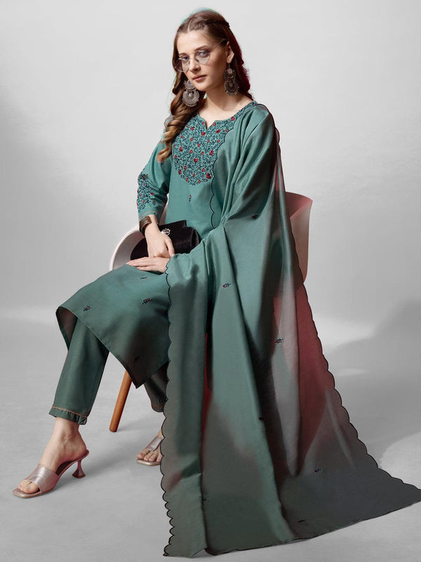 Fully Stitched Teal Cotton Kurti Pant Dupatta Set - Bellastic