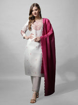 Embroidered Cotton Blend Kurti with Pant & Silk Blend Dupatta Set - Bellastic