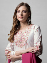 Embroidered Cotton Blend Kurti with Pant & Silk Blend Dupatta Set - Bellastic