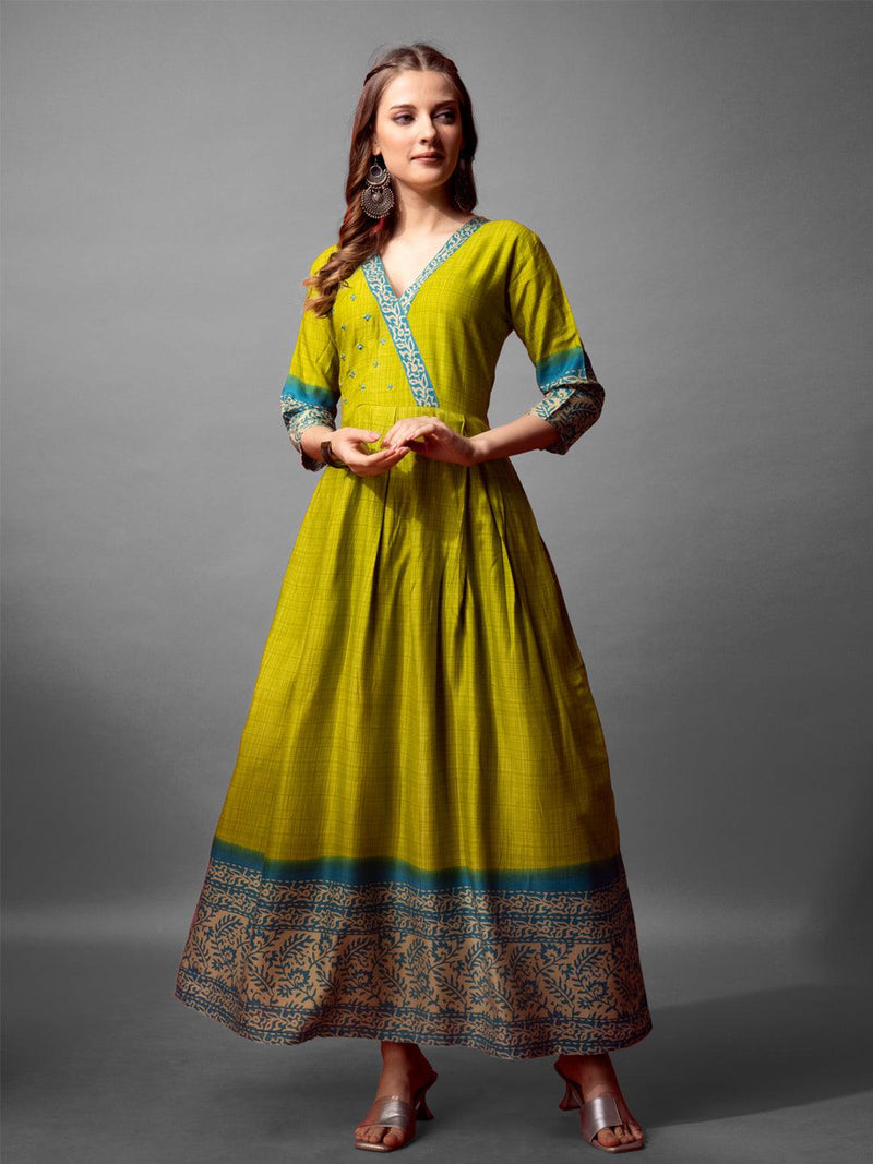 Fully Stitched Cotton Anarkali Gown Parrot - Bellastic