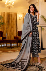 Black And White Printed Viscose Rayon Kurta, Pant And Dupatta - Bellastic