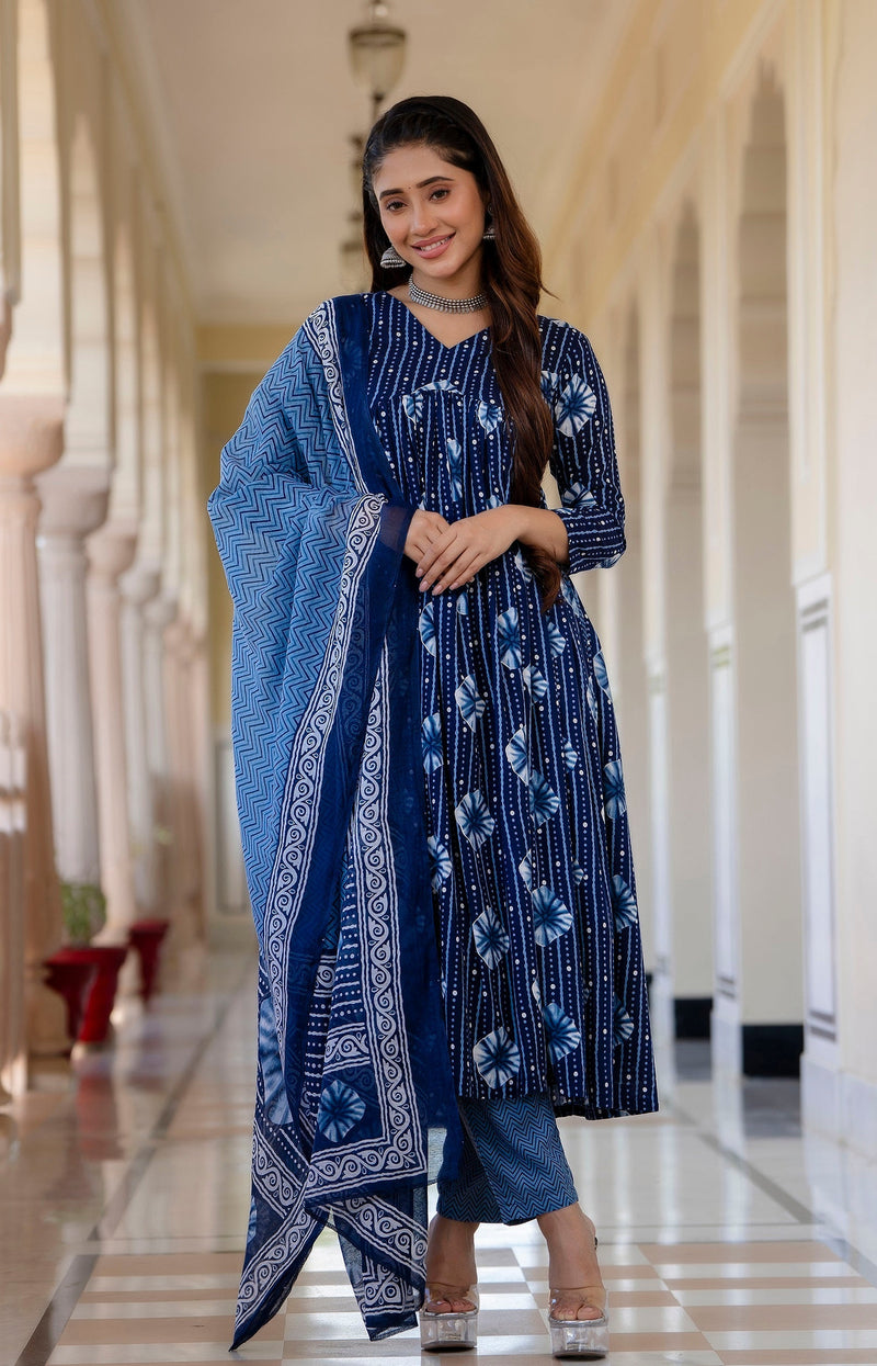 Blue Printed Viscose Rayon Kurta, Pant And Dupatta Set - Bellastic