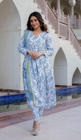 Sky Blue Printed Viscose Rayon Kurta, Pant And Dupatta Set - Bellastic