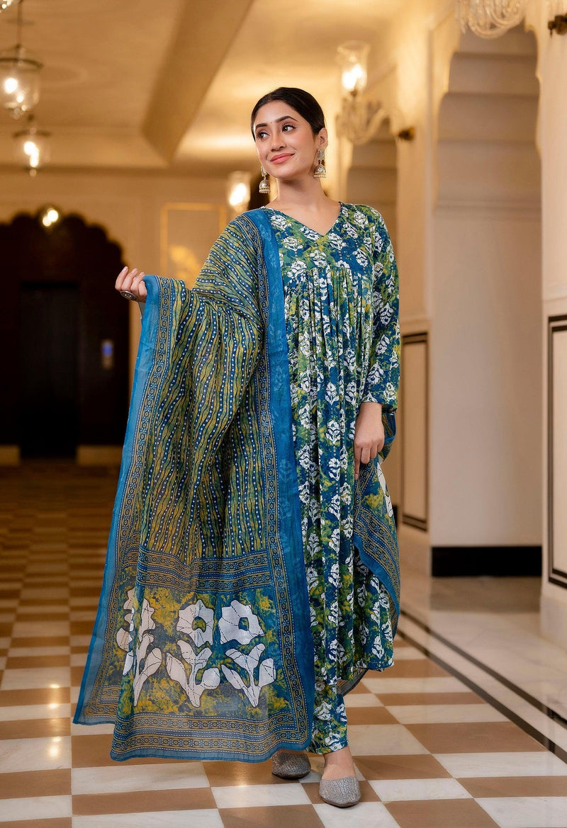 Green And Blue Printed Viscose Rayon Kurta, Pant And Dupatta Set - Bellastic