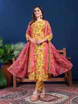 Fully Stitched Yellow Cotton Kurti Pant Dupatta Set - Bellastic