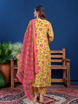 Fully Stitched Yellow Cotton Kurti Pant Dupatta Set - Bellastic