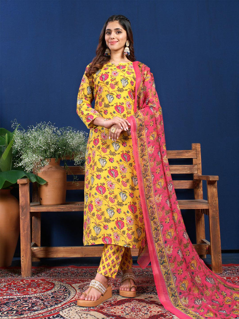 Fully Stitched Yellow Cotton Kurti Pant Dupatta Set - Bellastic