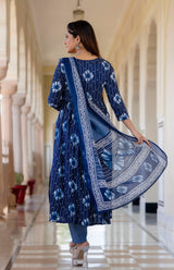 Blue Printed Viscose Rayon Kurta, Pant And Dupatta Set - Bellastic