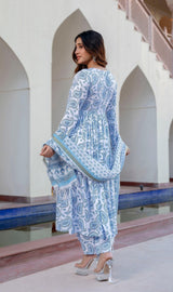 Sky Blue Printed Viscose Rayon Kurta, Pant And Dupatta Set - Bellastic