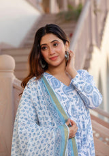 Sky Blue Printed Viscose Rayon Kurta, Pant And Dupatta Set - Bellastic