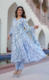 Sky Blue Printed Viscose Rayon Kurta, Pant And Dupatta Set - Bellastic