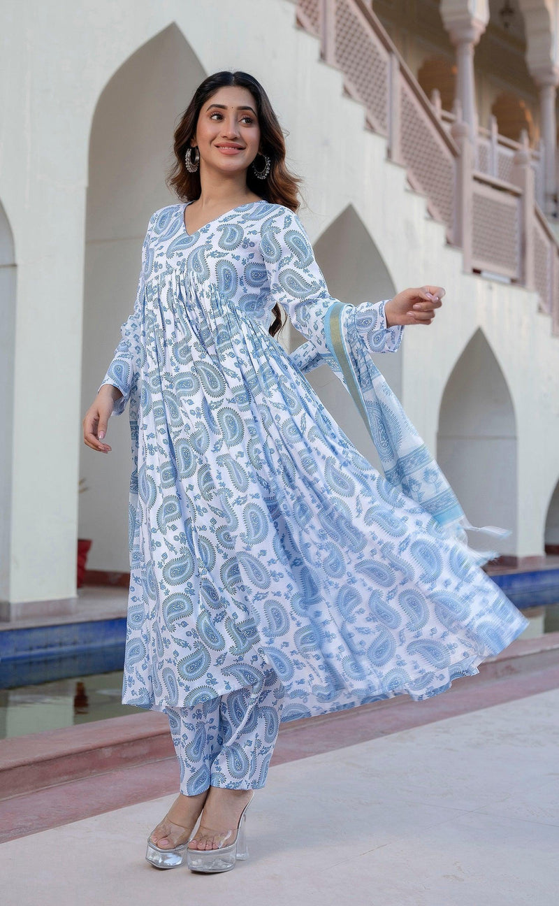 Sky Blue Printed Viscose Rayon Kurta, Pant And Dupatta Set - Bellastic