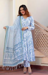 Sky Blue Printed Viscose Rayon Kurta, Pant And Dupatta Set - Bellastic