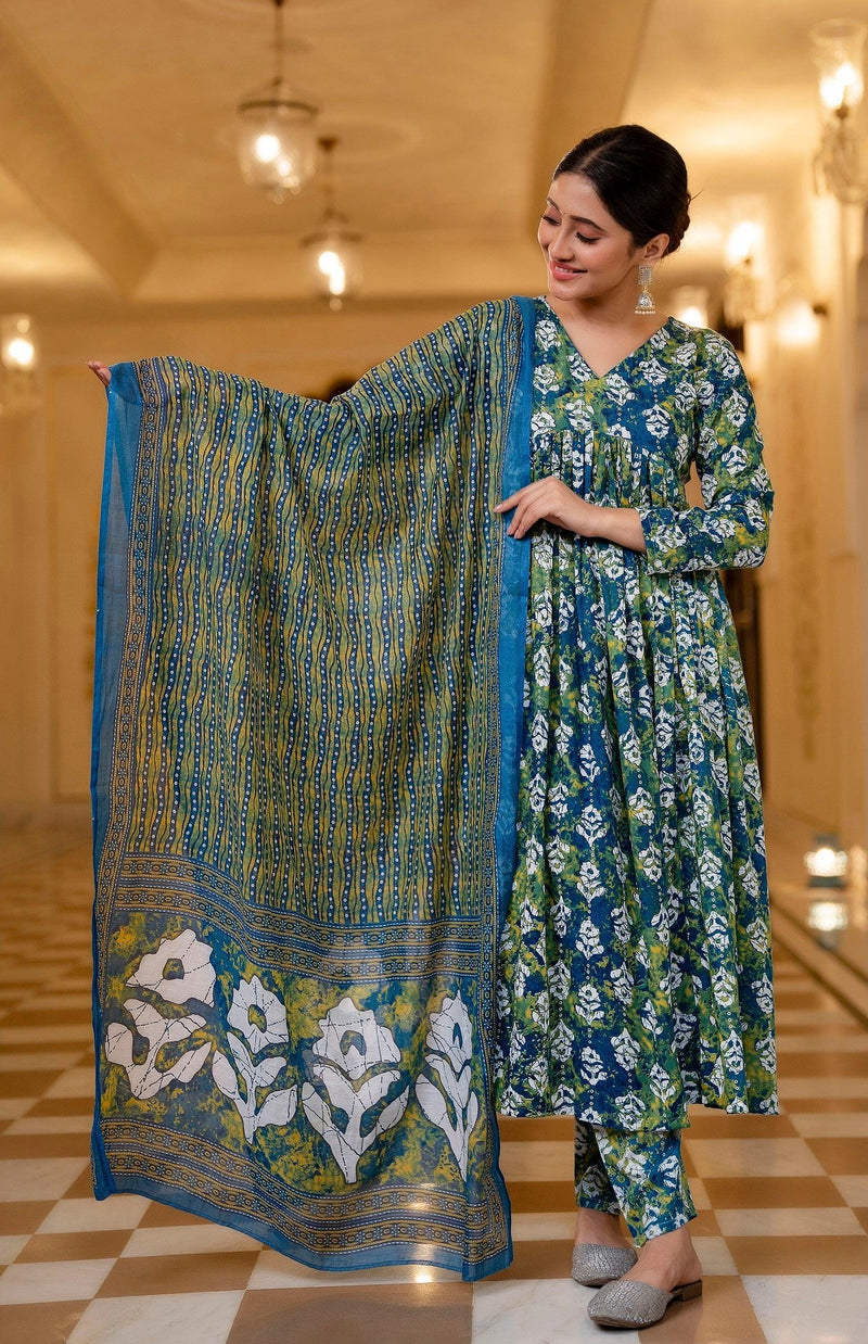 Green And Blue Printed Viscose Rayon Kurta, Pant And Dupatta Set - Bellastic