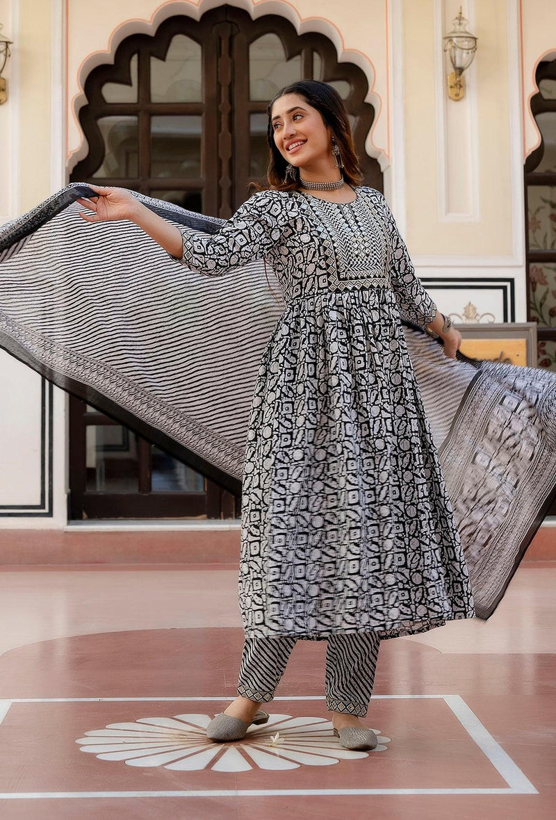 Black And White Printed Viscose Rayon Kurta, Pant And Dupatta Set - Bellastic