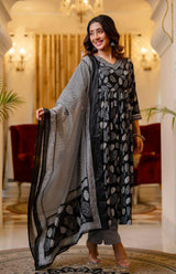 Black And White Printed Viscose Rayon Kurta, Pant And Dupatta - Bellastic