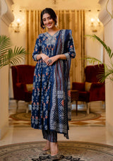 Women Blue Printed Viscose Rayon Kurta, Pant And Dupatta Set - Bellastic